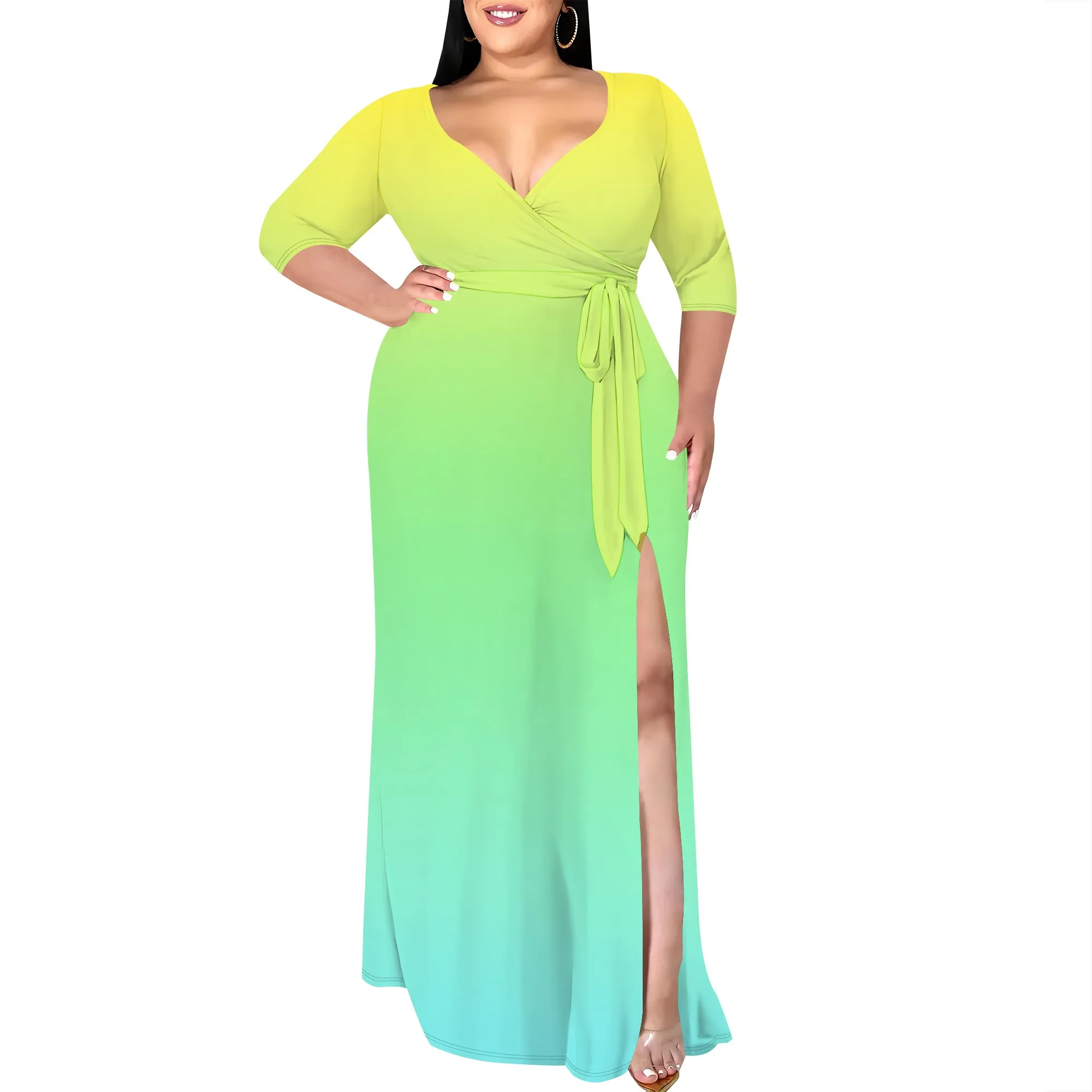 Abiti taglie forti per donne curve Abito lungo casual lungo con scollo a V Manica fluida a 3/4 con cintura Abito estivo da spiaggia Vita impero