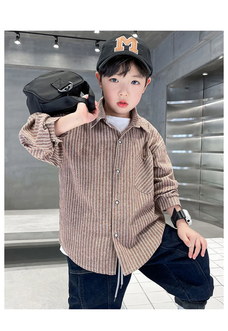 Neues Frühlings-Baumwoll-Langarmhemd für Jungen, Modische High-Street-Oberbekleidung, Oberteile für Teenager, Kariertes Streifenhemd, Alter 5-14 Jahre – Detail 10