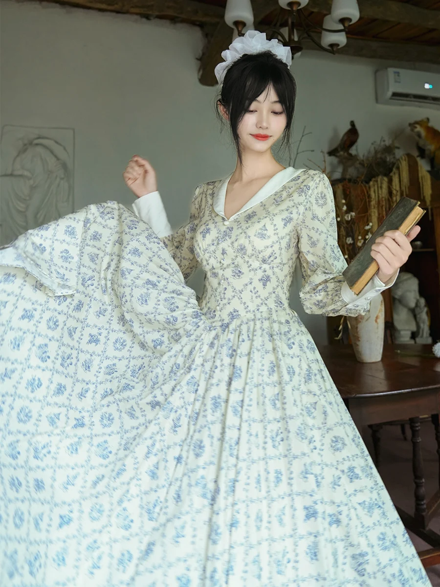 

TIYIHAILEY Autumn Spring 100% Cotton Women Dress With Lining Full Sleeve Long Mid-Calf Ladies S-XL Vintage High Waist Printed