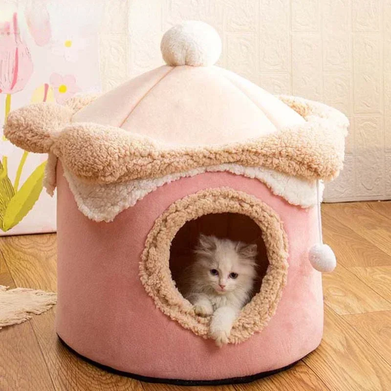 

Pet Winter Cat House Warm Cozy Pet Nest for Small Cats Dogs Soft Thicken PrincessCute House with Ball Toy Kitten Sleeping Bed