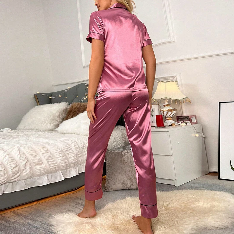 Heart Embroidery Satin Pajama Set Casual Short Sleeve Button Up Lapel Collar Top & Elastic Pants Pyjama Women\'s Sleepwear Pj Set