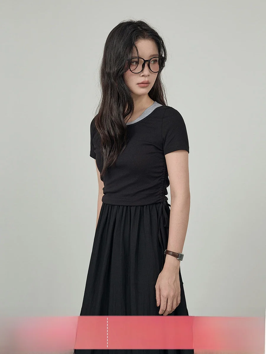

Black Faux Two-Piece Dress Women's Summer Gathered Waist Slimming A-Line Long Dress Casual Style Short Sleeve round Neck Loos...
