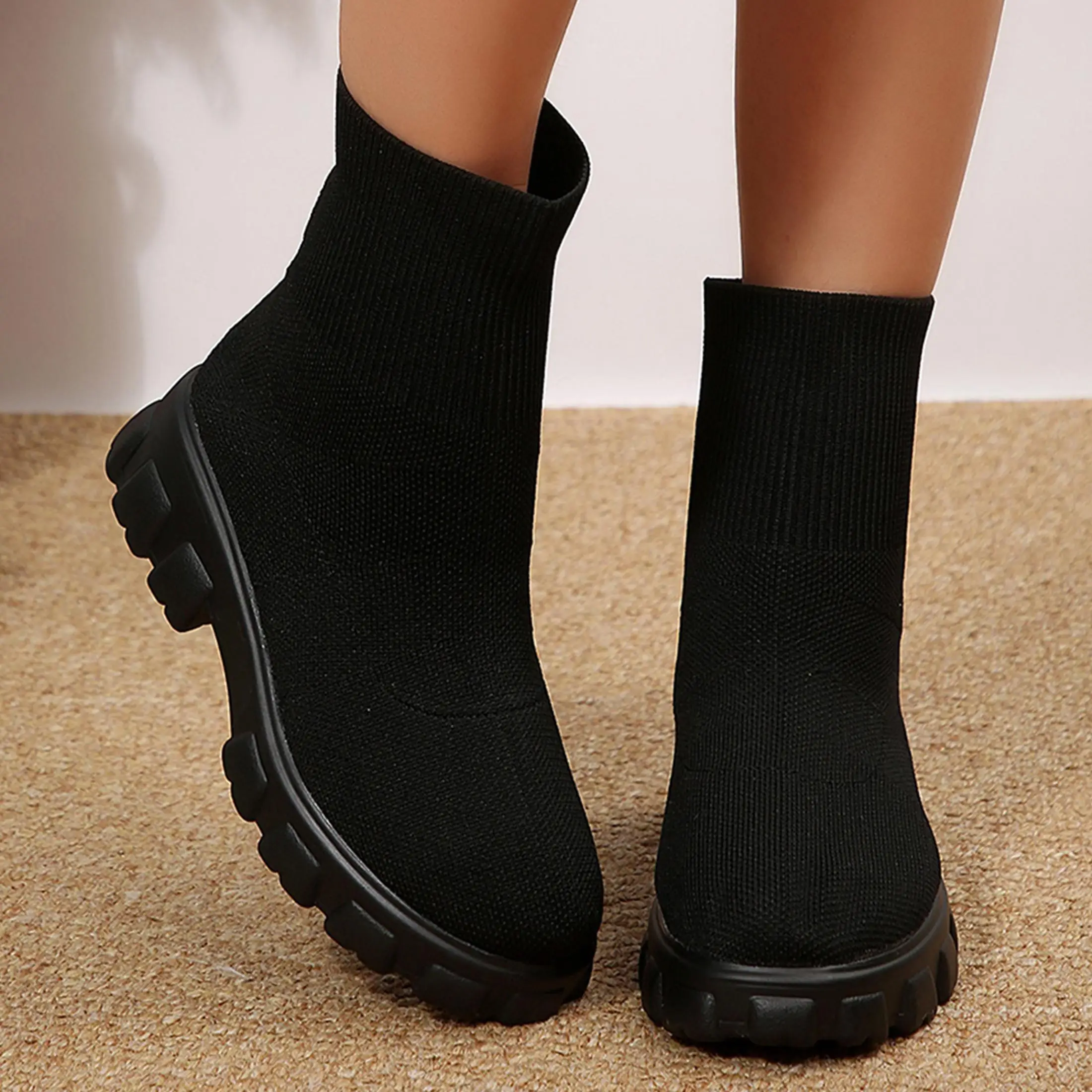 Ankle Boots for Women Comfortable Round Toe Slip On Stretch Soft Chunky Block Heel Knit Platform Boots Punk Dress Sock Boots - view 6
