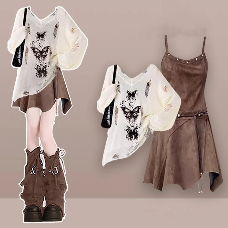 Women's Spring Autumn Fashion Butterfly T-Shirts Sling Dress Two Piece Set 2025 New Lady Long Sleeve Tops Camisole Dresses Suits