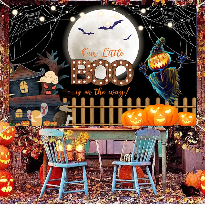 Happy Halloween Party Backdrop Horror Moon Pumpkin Witch Bat Castle A Little Boo Baby Shower Photography Background Decoration