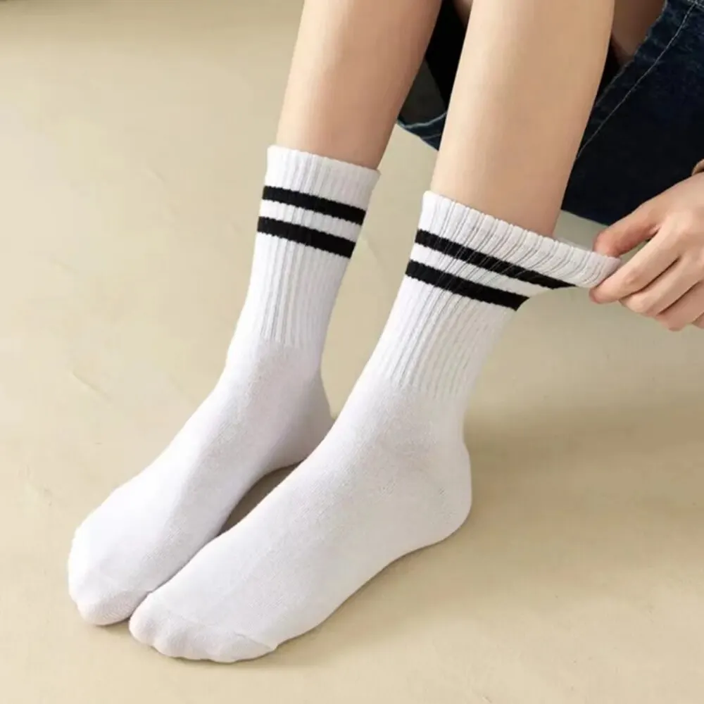 5 Pairs Women\'s Mid Length Socks Solid Color Parallel Stripe Simple Fashionable Sports Sweat-Absorbing High-Quality Girls\' Socks