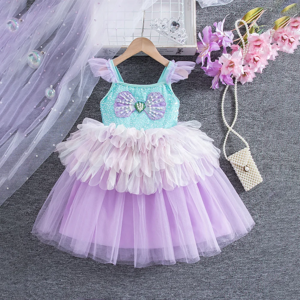 

Princess Dress For Girls Purple Mermaid Sequin Puffy Sling Mesh Skirt Children's Clothing Girls Dress Party Night Birthday Gifts