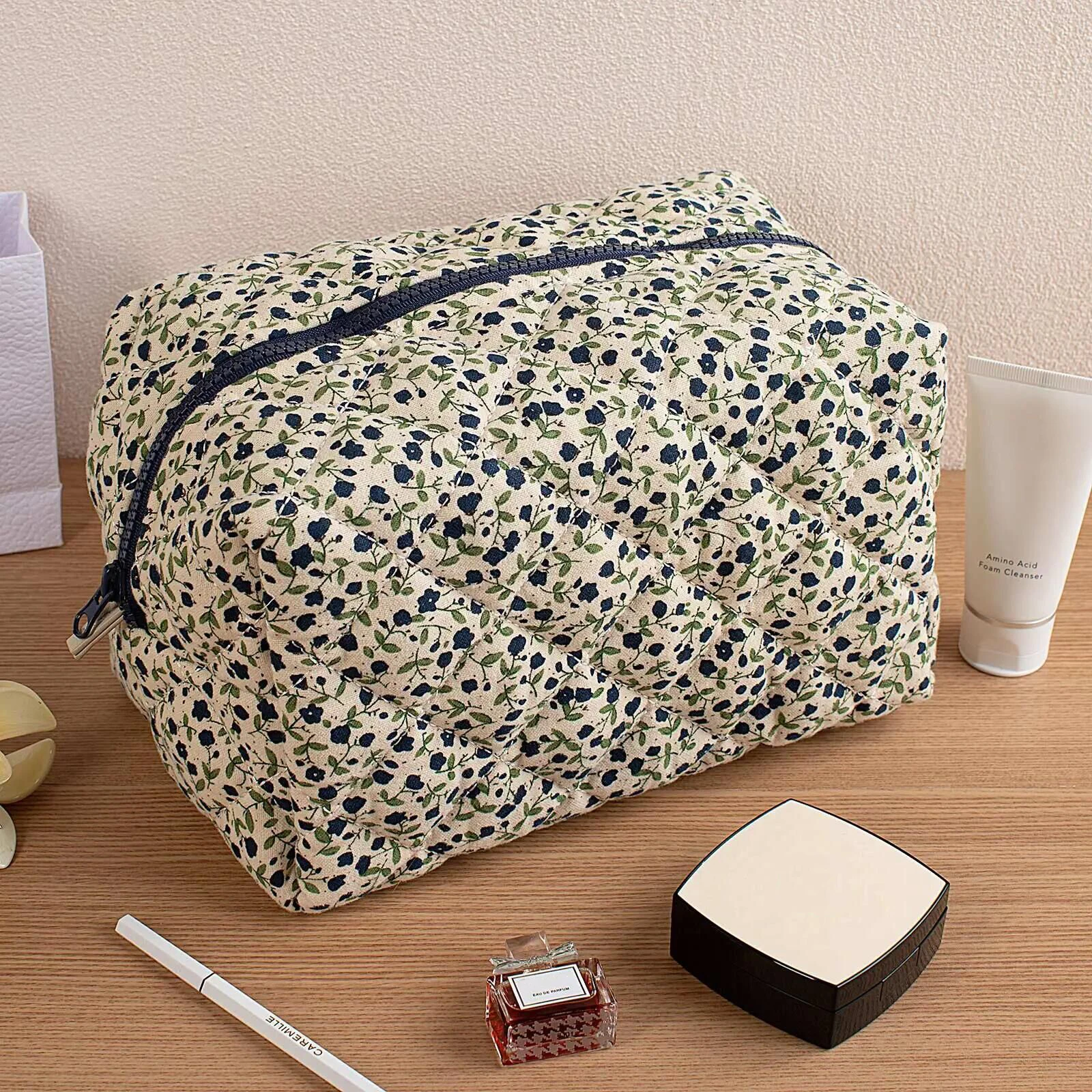 1PC Flower Printed Puffy Quilted Zipper Makeup Bag Storage Organizer Toiletry Handbag Cosmetic Pouch Large Travel Cosmetic Bag