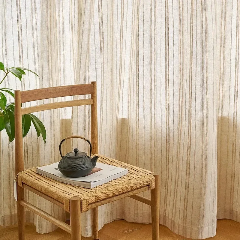 French Touch homestay linen stripes curtains tulle for living rooms bedrooms study tea rooms cotton linen curtains Custom size