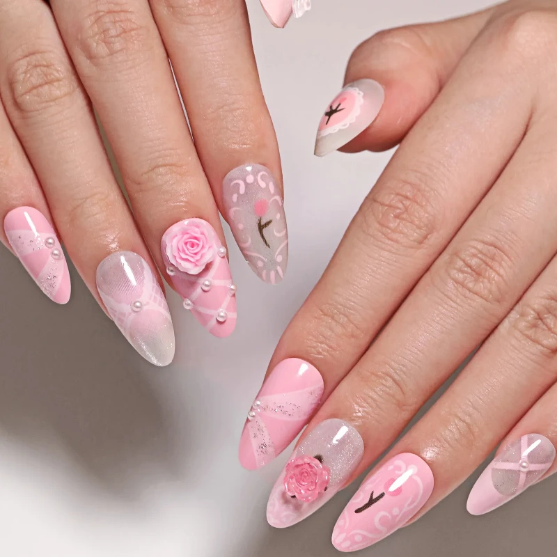 Delicate Tropical Flowers Green Halo Dyeing Gradient Almond False Nails Art Fake Nails Charms Rose Press on Nails Manicure Tools