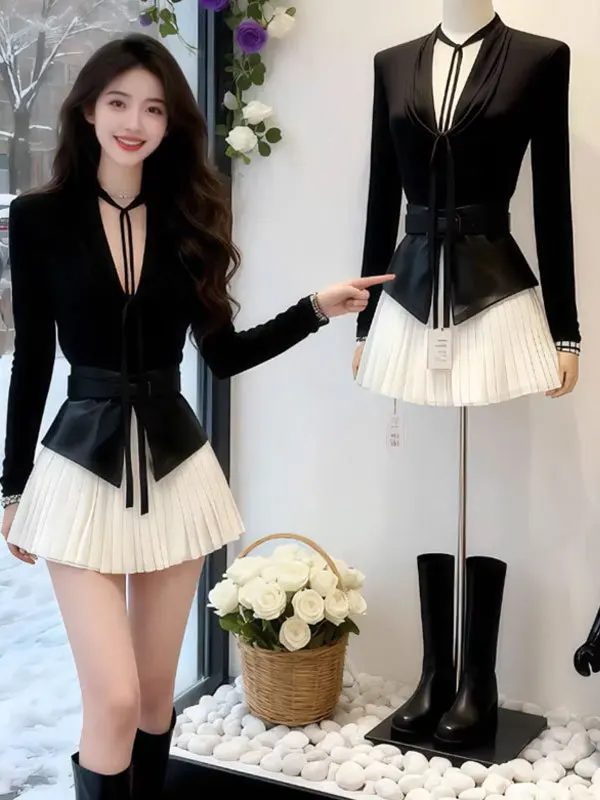 

Корейский комплект из топа с V-образным вырезом и юбки, весенняя модная женская одежда, удобный комплект с длинными рукавами и высокой талией