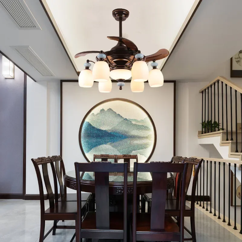 Chinese style fan light ceiling fan light dining room living room 6 8 head atmospheric bedroom invisible fan light