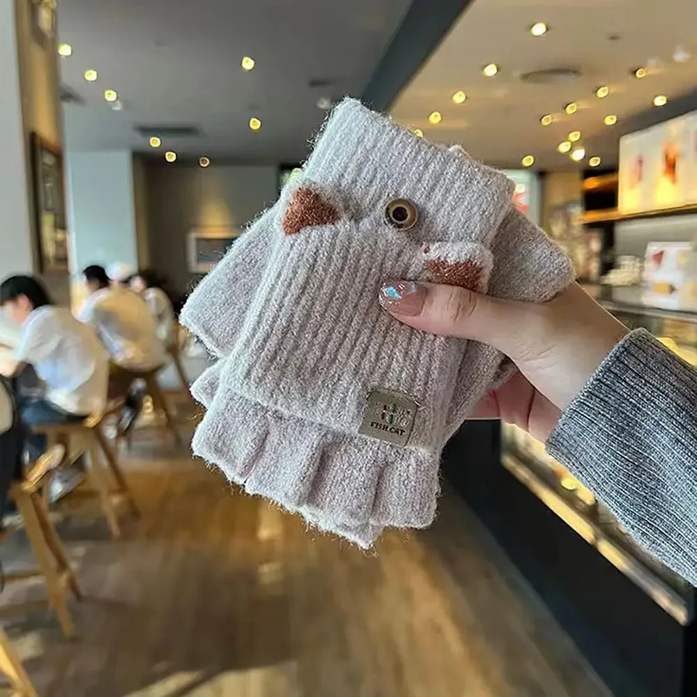 Damen-Winter-Strickhandschuhe, verdickte, mit Fleece gefütterte Wollfäustlinge, süße fingerlose Flip-Top-Handschuhe zum Radfahren und Wärme