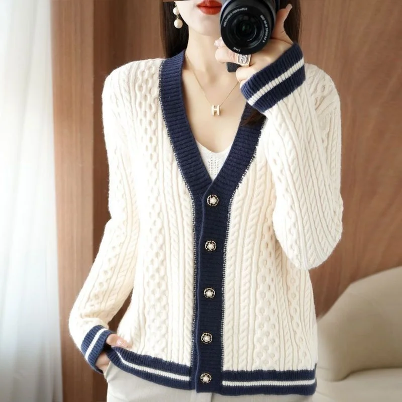 Lazy Style Loose Fried Dough Twists knitting Cardigan Spring Autumn Women New V-neck Versatile Fashion Age Reducing Sweater Coat