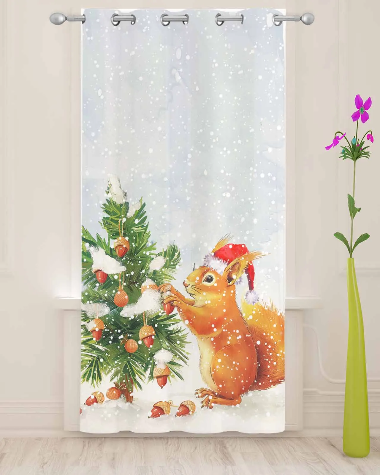 Christmas Tree Squirrel Snowflake Watercolor Sheer Curtains for Living Room Printed Tulle Window Curtain Luxury Home Drapes