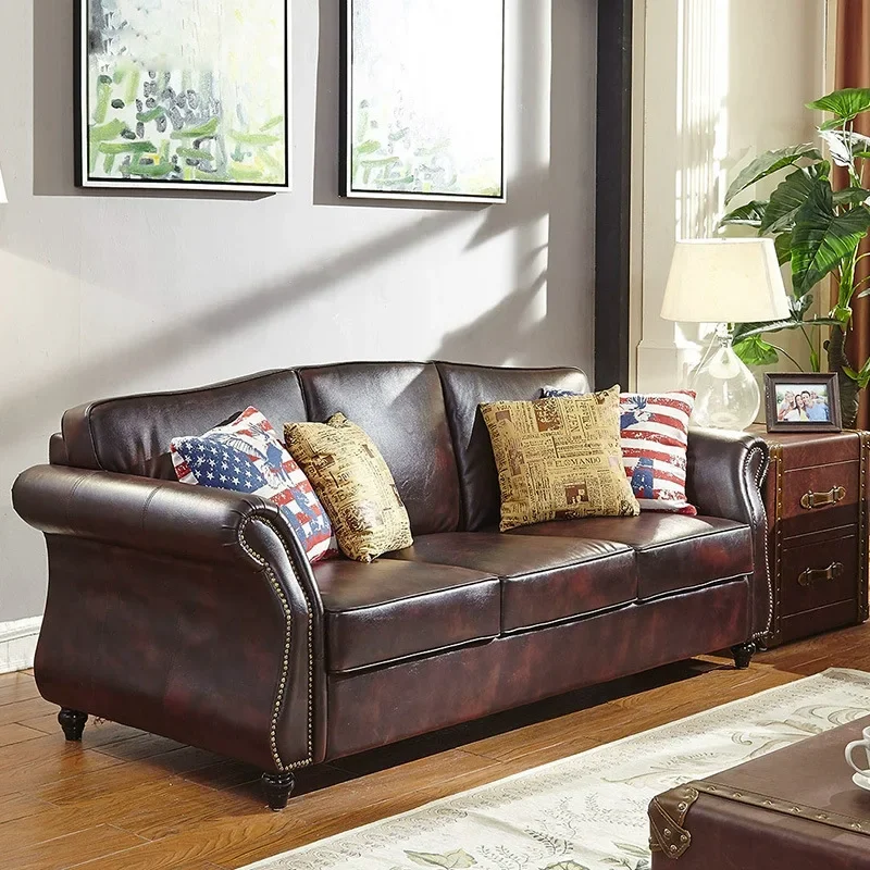 Sofá de cuero retro clásico americano, sala de estar, apartamento grande, estilo Nanyang, barra de cigarros de cera medieval, muebles de bodega