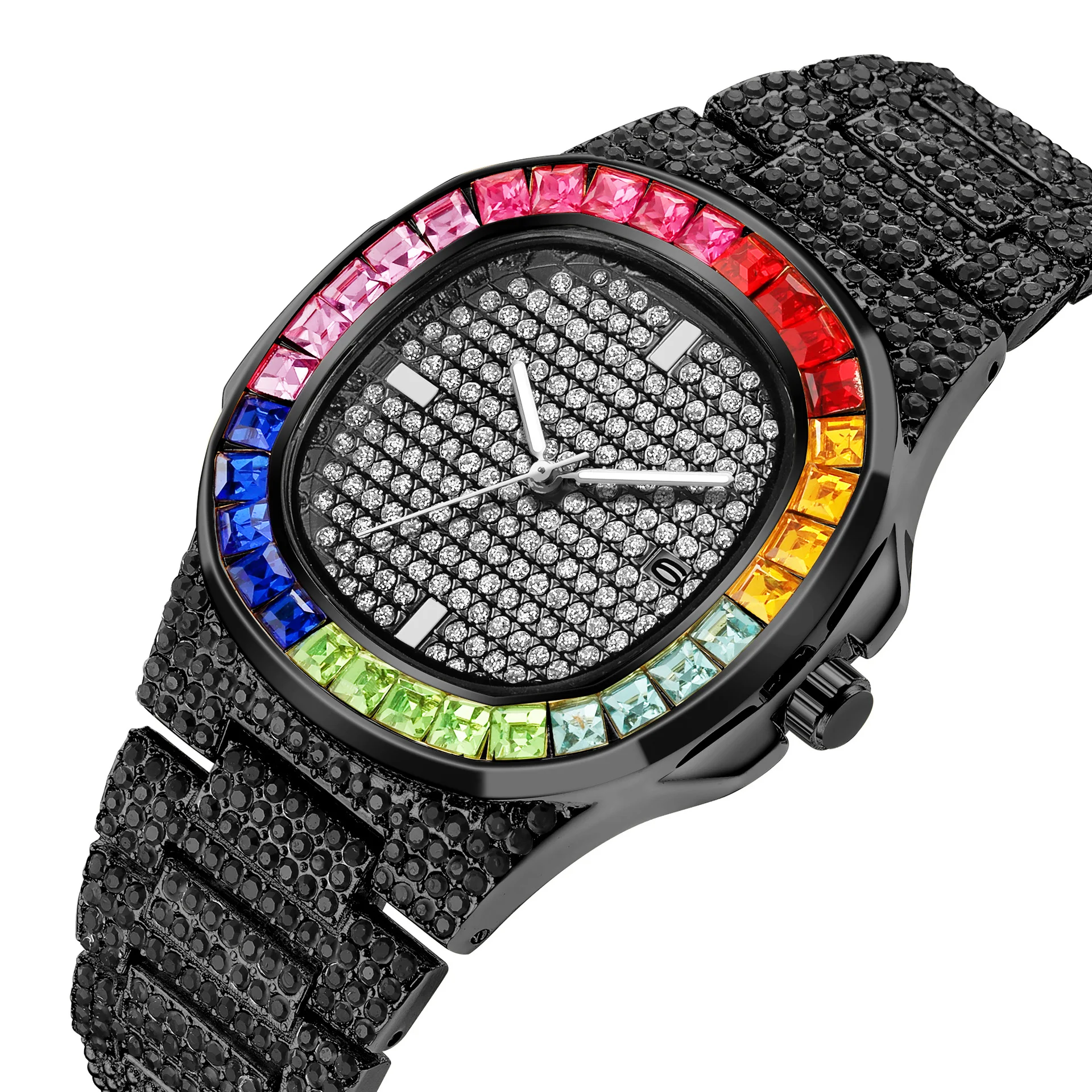 

Luxury Watches for Men Luxury Hiphop Iced Out Watches Colorful Gold Black Color Rhinestone Quartz Wristwatch Relogio Masculino