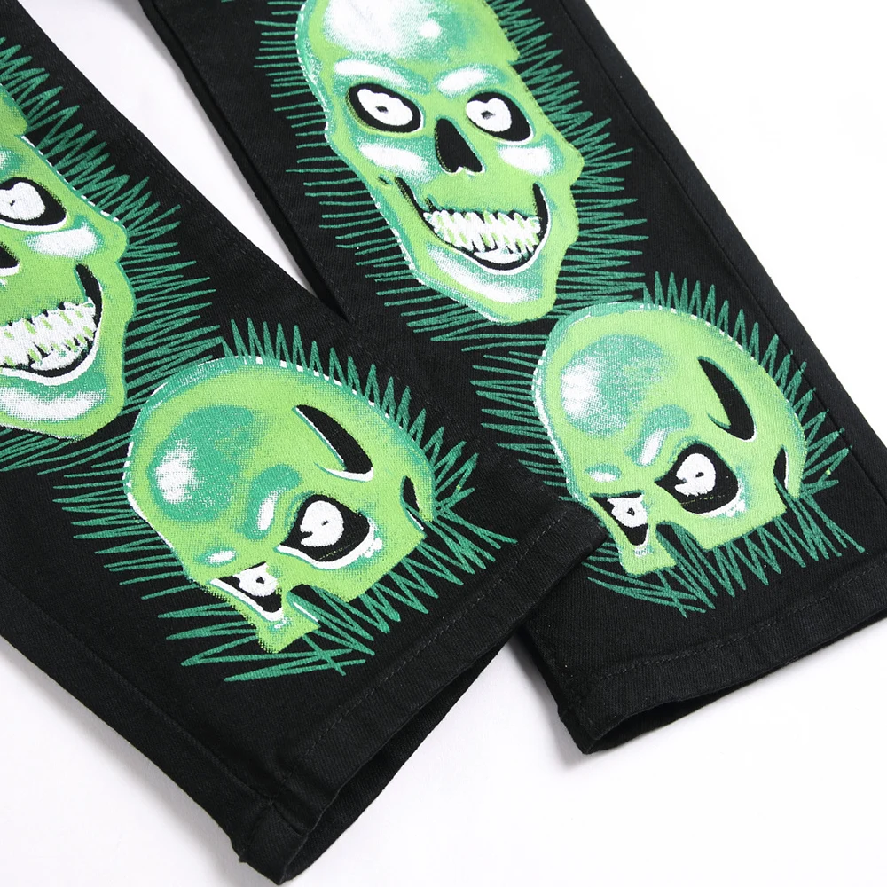 Men's Skull Print Jeans Gothic Black Stretch Spandex Denim Pants Punk Hip Hop Slim Straight Trousers view 5