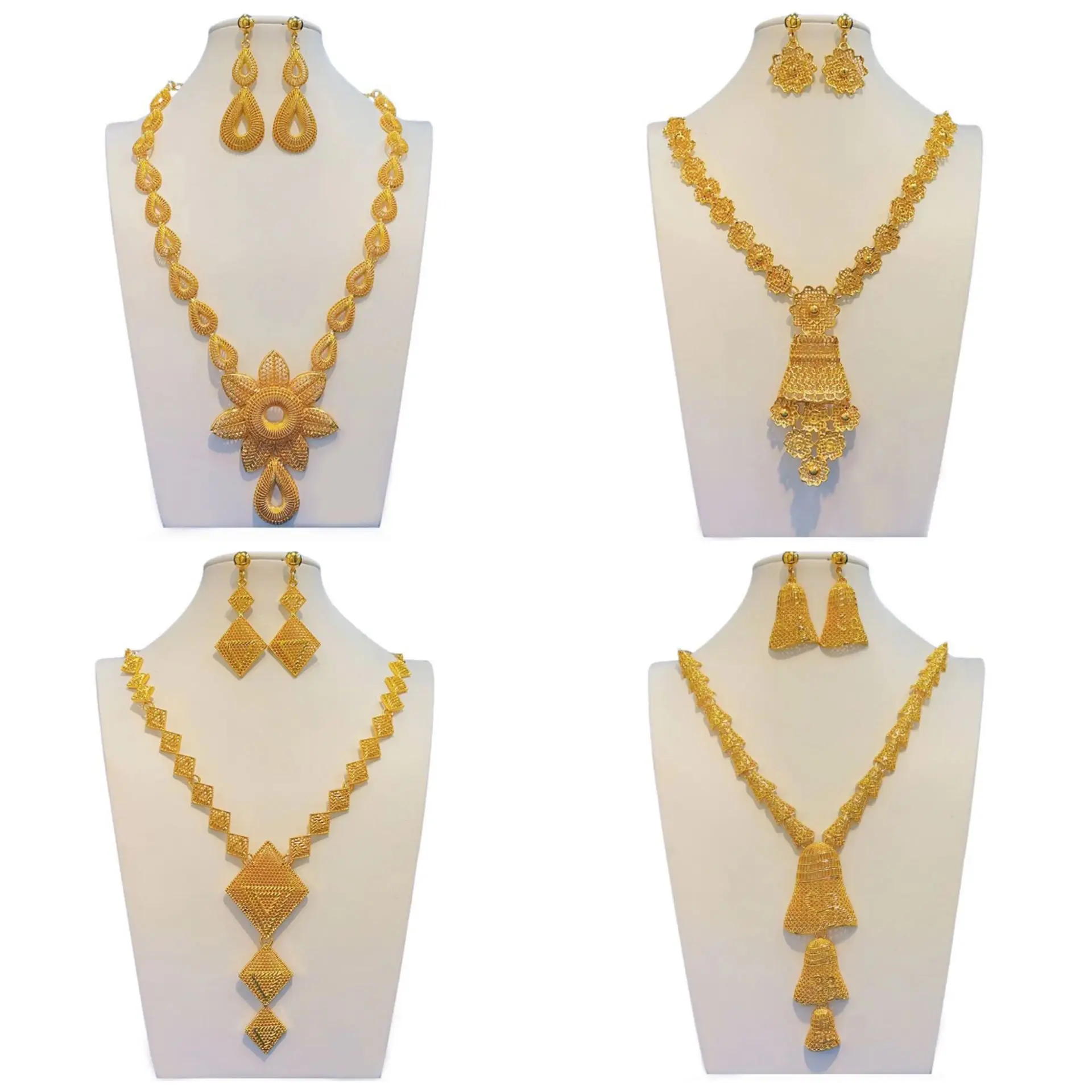 

Dubai Gold Flower Diamond Shape Pendant Necklace Earrings Two Piece Set Temperament African Bridal Wedding Jewelry Set