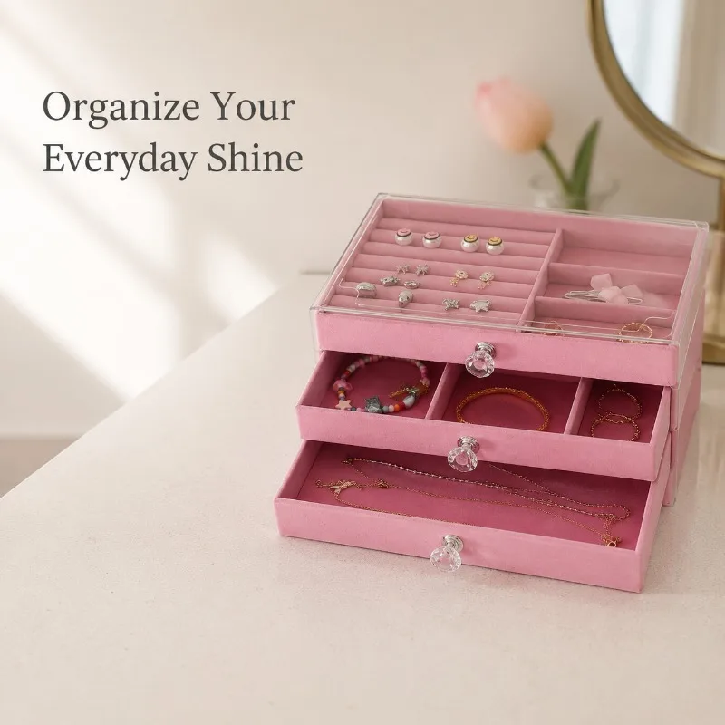3‑Tier Pink Velvet Acrylic Jewelry Box Dust‑Proof Drawer Organizer for Rings Earrings Necklaces Bracelets Vanity Storage Gift