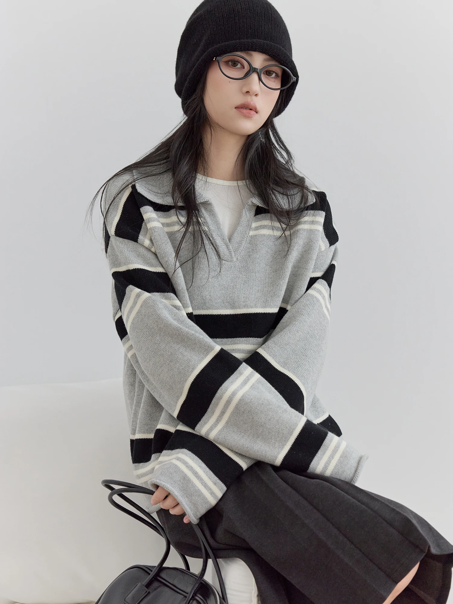 

Ladies' Loose Fit Striped Knitwear Sweater Turn-down Collar Autumn Winter Outerwear Casual Comfortable Cotton Long Sve Top