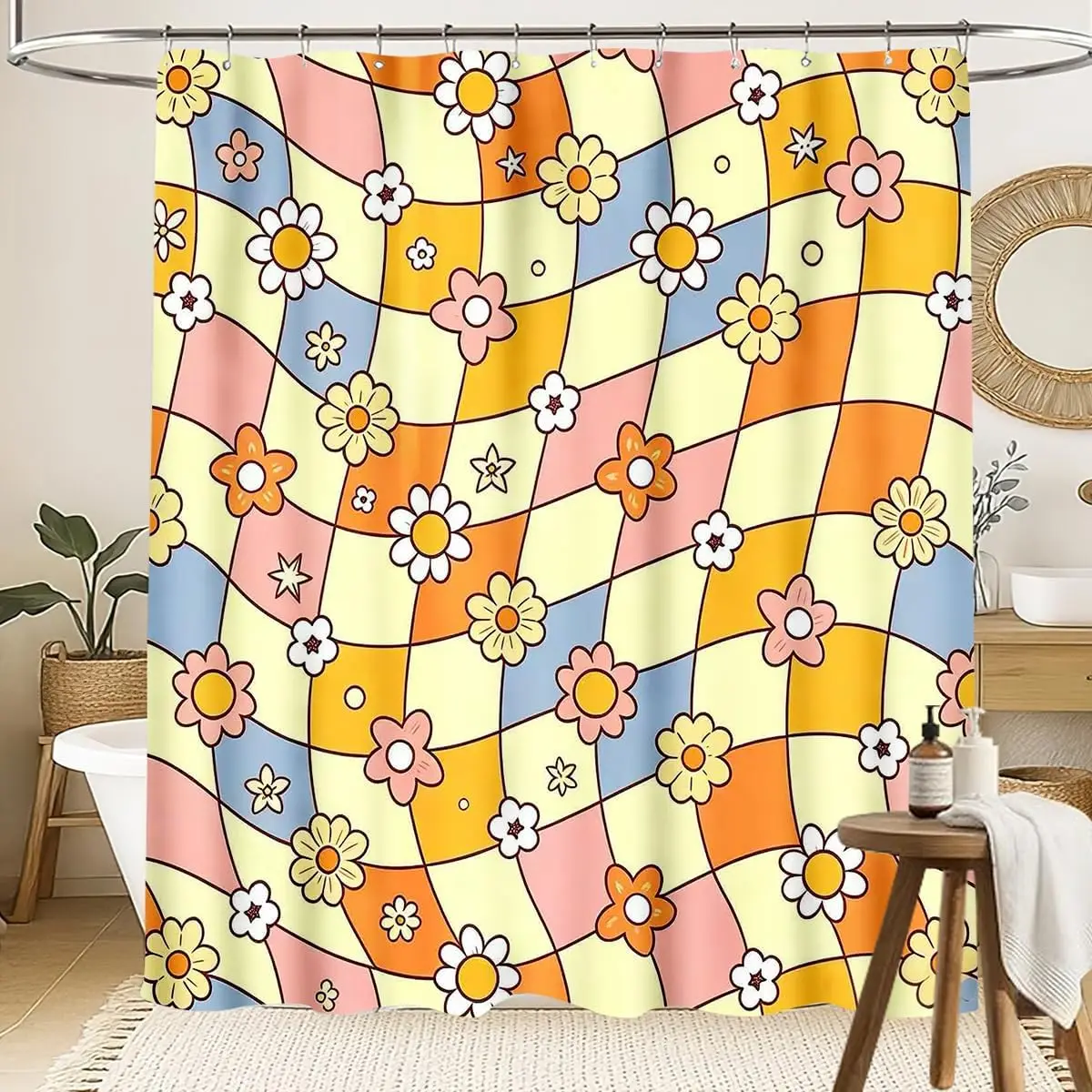 Cheerful Floral Pattern Shower Curtain for Bathroom Decor Waterproof Cute Retro Design 180x180cm Home Bathroom Accessories