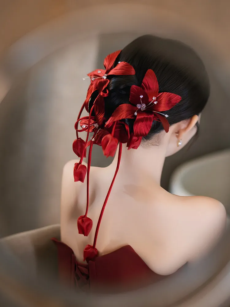Bridal classical style premium burgundy satin three-dimensional flower hair accessories toasting clothes modeling head flower