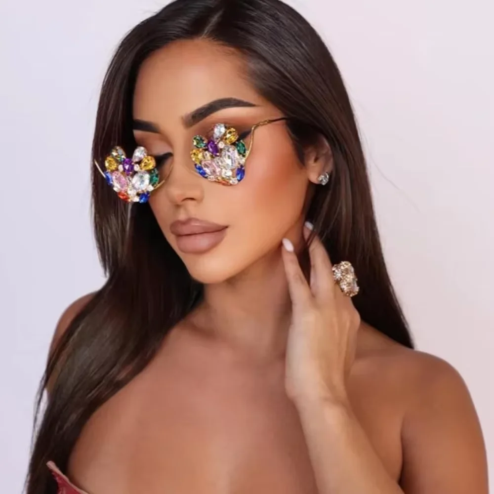 Fashion Colorful Heart Eye Glasses Frames Party Face Decoration Rave No Lenses Geometric Rhinestone Sunglasses Frames for Women