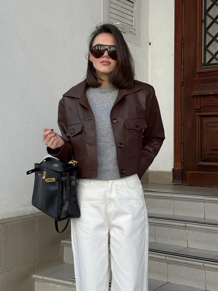 Single Breasted Cropped Brown Leather Jacket Women Casual Lapel Full Sleeve Pocket Short Coat Autumn Lady Commuting Streetwear