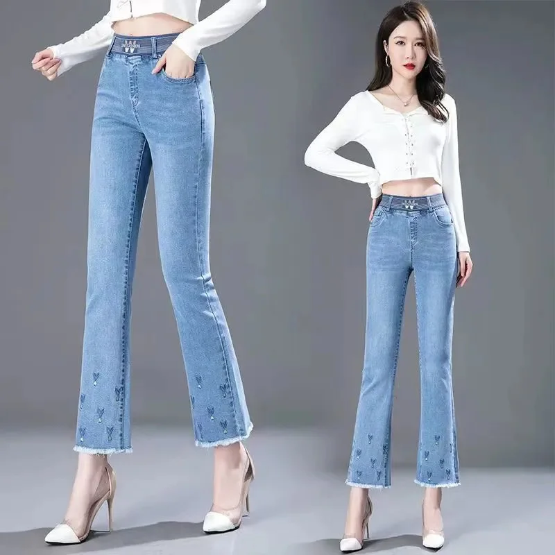 

Слегка расклешенные укороченные джинсы с высокой талией для женщин весна-осень-лето 2025 новые прямые брюки с эластичной резинкой на талии для женщин