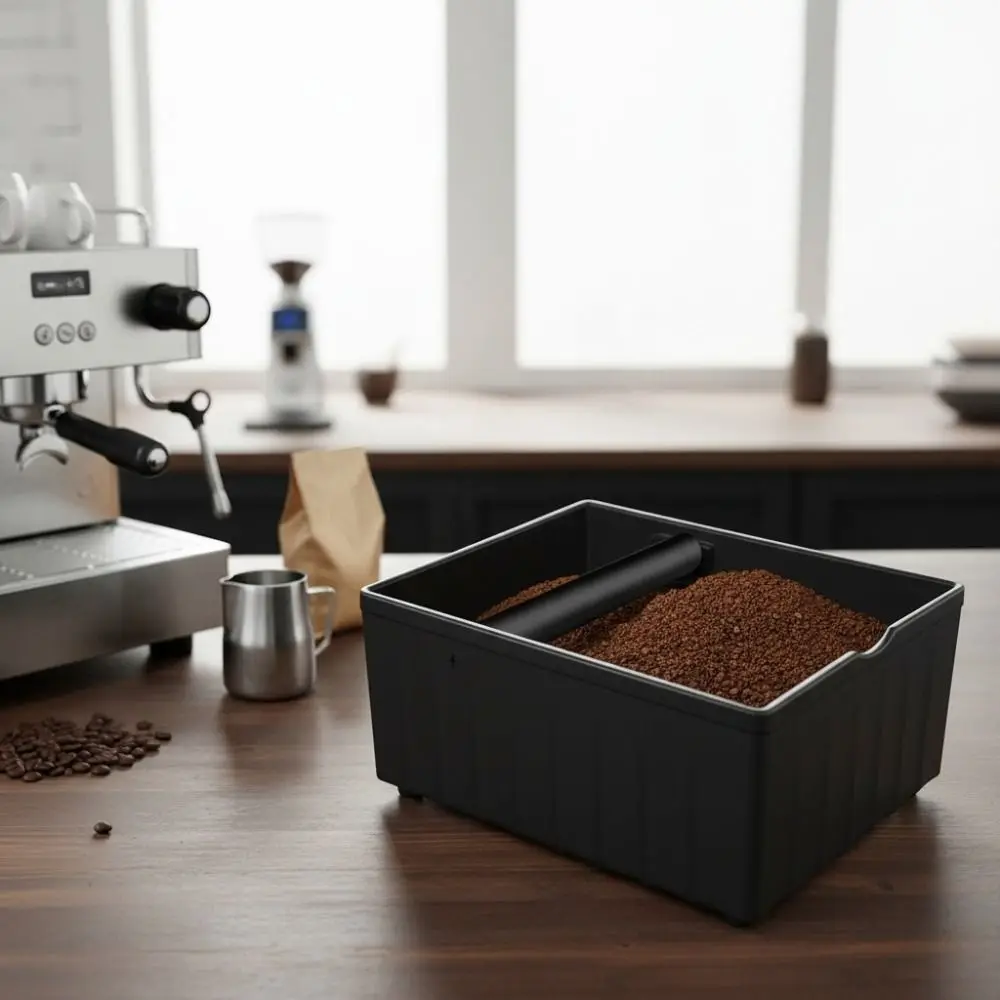 Rectangular Coffee Grounds Tapping Box with Tapping Rod Large Capacity Coffee Knock Box Anti Slip Base Stable