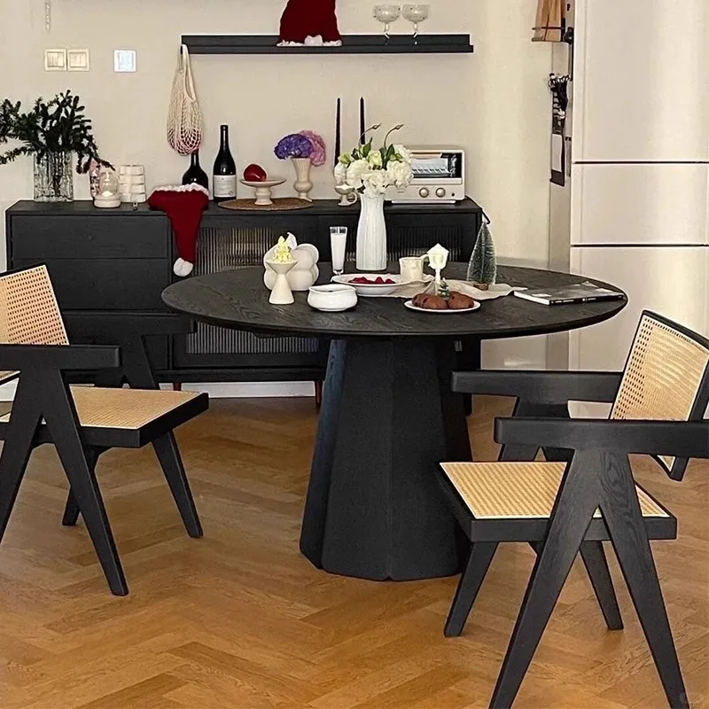 Retro Home Dining Table Medium Antique Ash Wood Round Dining Table Minimalist Slate Table
