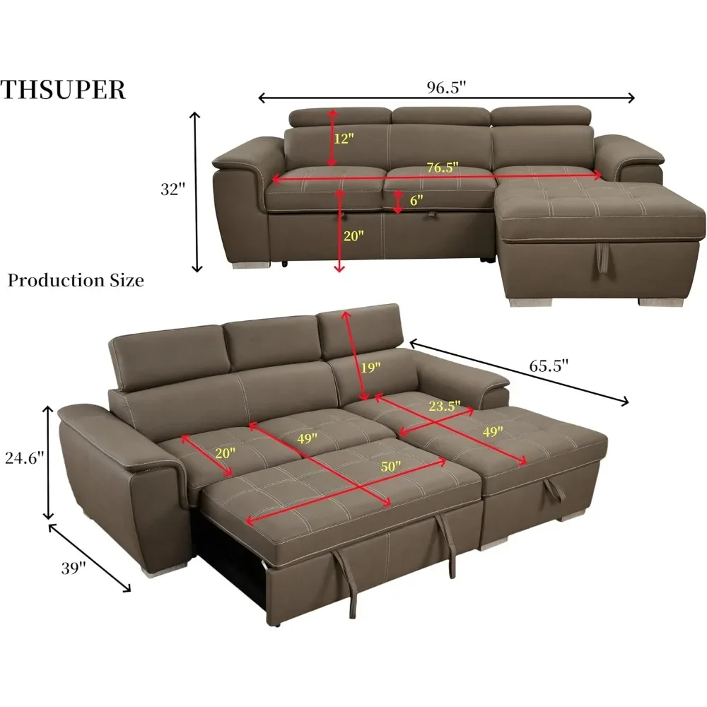 L-Shaped Sectional Sleeper Couch with Pull-Out Bed 4-Seater Sofa with Adjustable Headrests and Storage Chaise Sectional Sofa