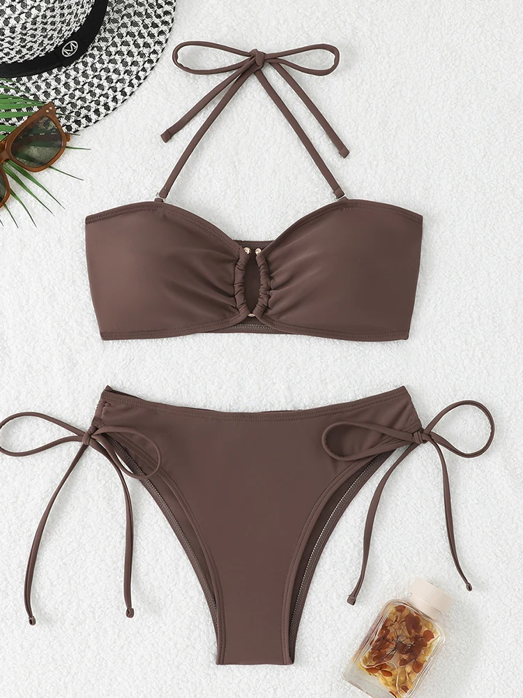 ชุดว่ายน้ำบิกินี่เอวสูงสำหรับผู้หญิง ปี 2026 ชุดว่ายน้ำผูกโบว์ ชุดว่ายน้ำแบบ bandeau ชุดบิกินี่แบบดันทรง ชุดบิกินี่สไตล์บราซิล ชุดชายหาด