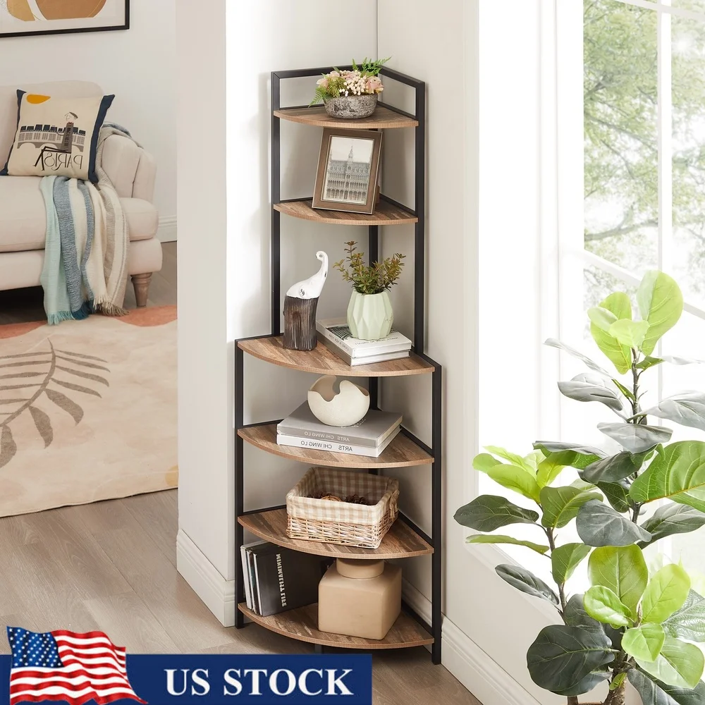 

6 Tier Corner Bookshelf Wood Open Display Shelf Metal Frame Freestanding Bookcase Small Spaces Living Room Home Office Storage
