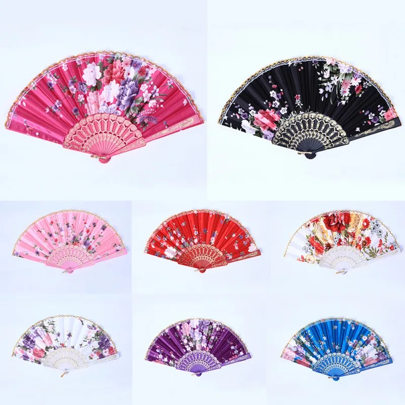 Chinese Style Folding Hand Held Fan Fabric Floral Wedding Dance Favor Pocket Decorative Fans