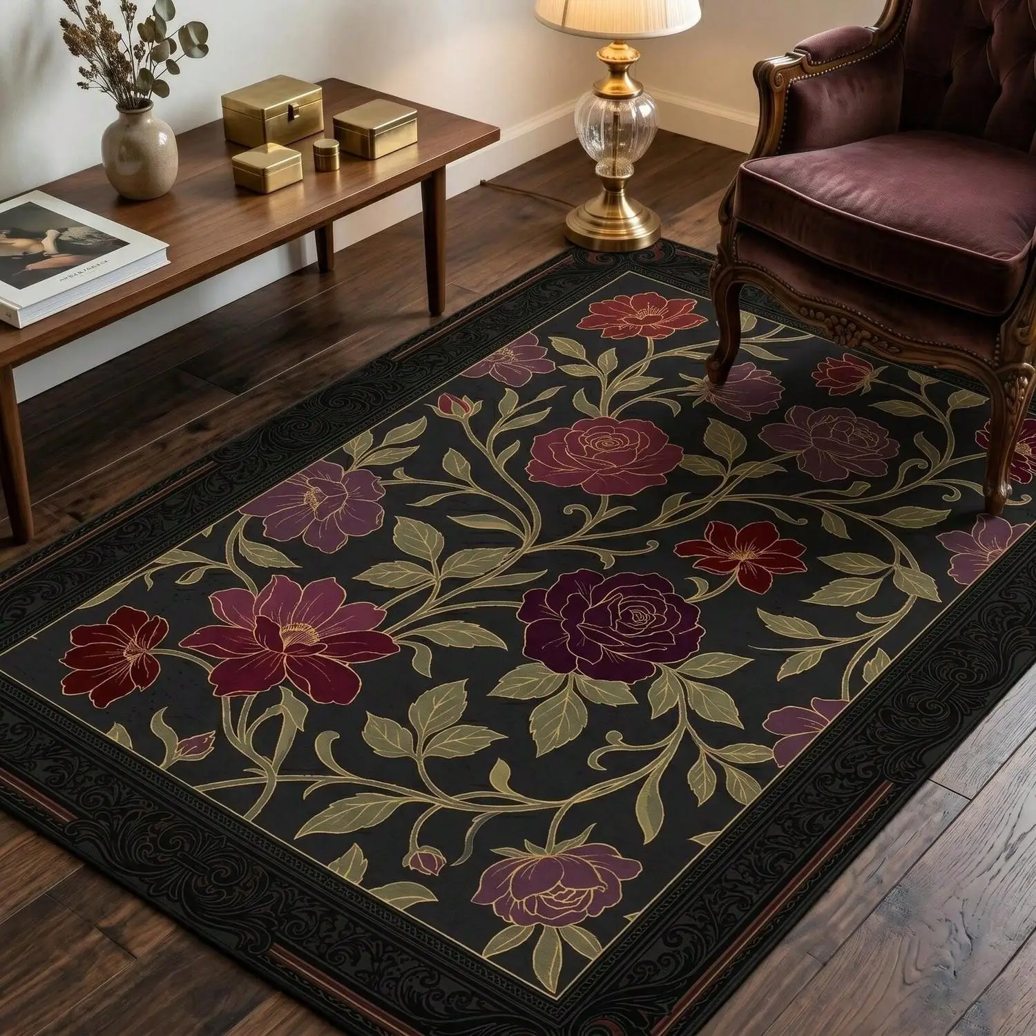 Gothic Rose Carpet, Dark Floral Pattern Carpet, Black Botanical Carpet, Victorian Style Floral Carpet, Pastoral Style Decoration