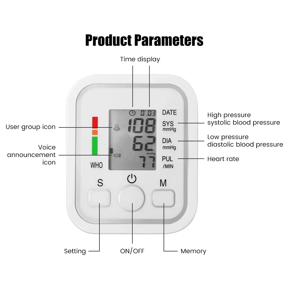 Arm Blood Pressure Monitor BP Equipment Automatic Professional Medical Portable Tonometer Digital Tensiometer Heart Rate Monitor