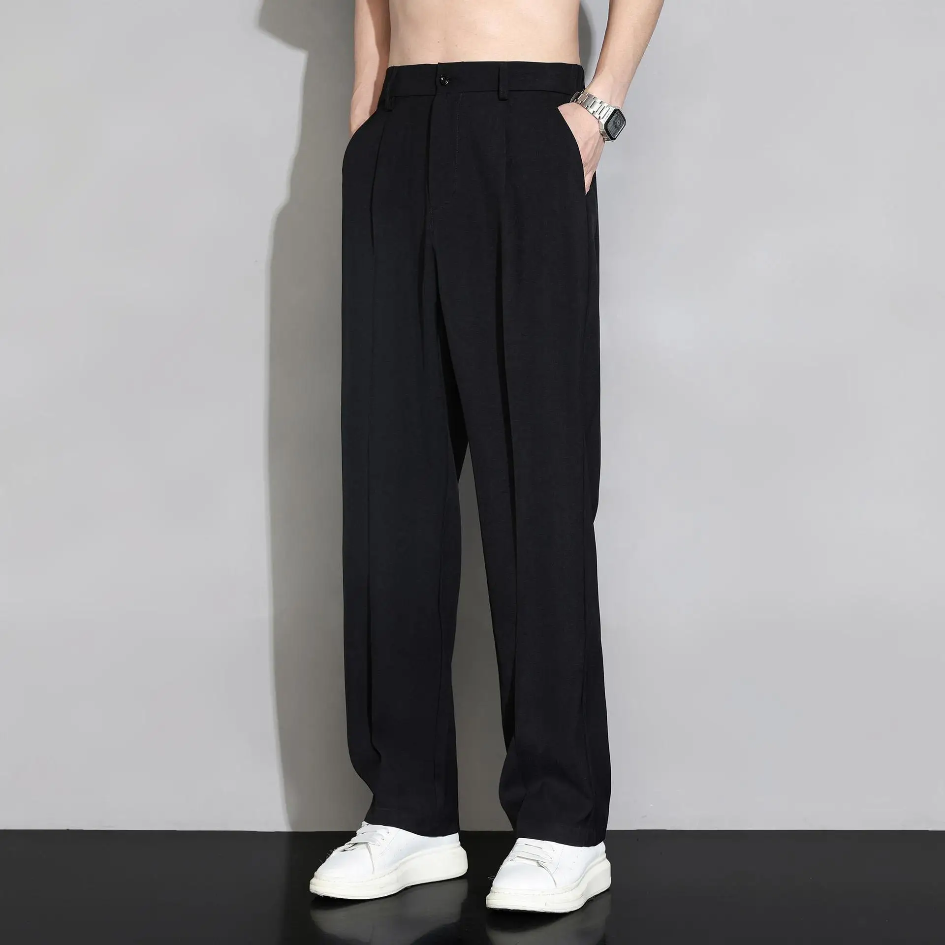 Summer New Solid Color Fashion Straight Pants Man High Street Casual Zipper Pockets Button Loose Korean Style All-match Trousers