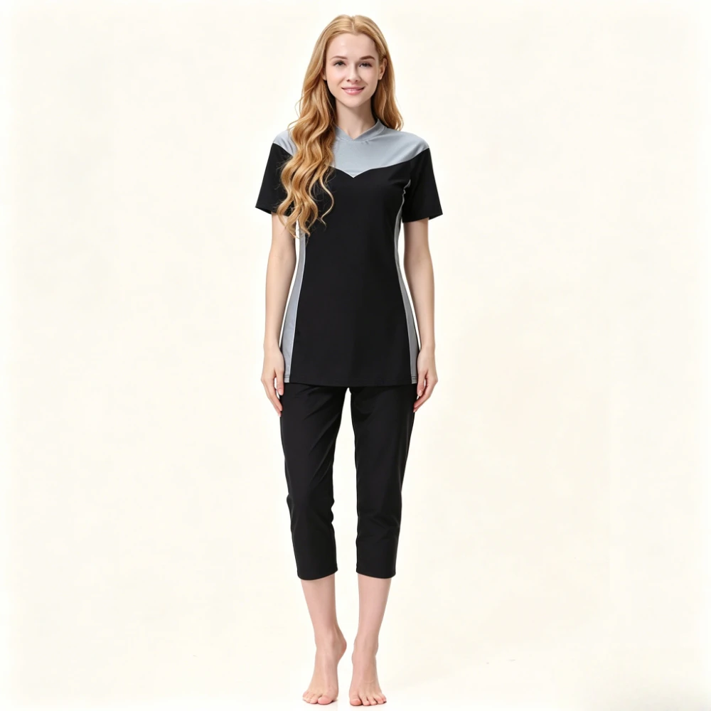 3PCS Color Block Burkini Swimwear Short Sleeve Tunic Top 3/4 Capri Pants with Swim Cap UPF50+ Muslim Bathing Suit Beach Swimwear view 3
