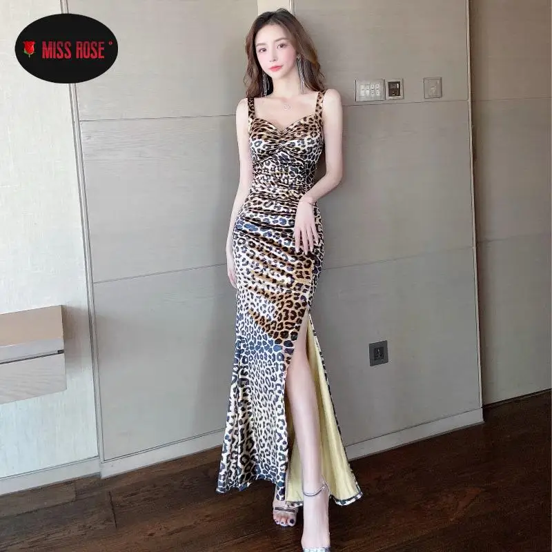 

Women Leopard Long Split Dress Side Ruched Party Dinner Streetwear Dresses Lady Night Hot Sexy Spaghetti Strap Wrap Vestidos