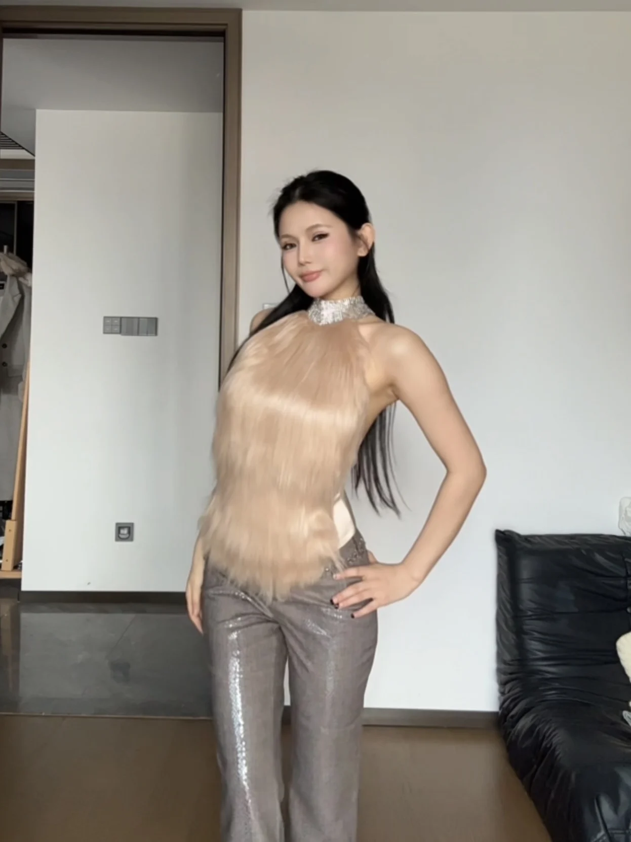 

Heavyweight Woolen Straight Leg Pants Low Waist Long Trousers Snake Skin Pattern Decorative Rivet Design Sparkling Long Pants