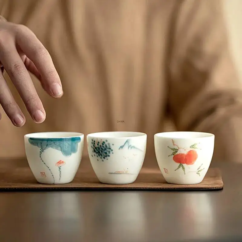 Hand-painted Sheep Fat Jade Porcelain Tea Cup Kung Fu Tea Set Handmade Ceramic Underglaze Color Hand-painted Single Cup