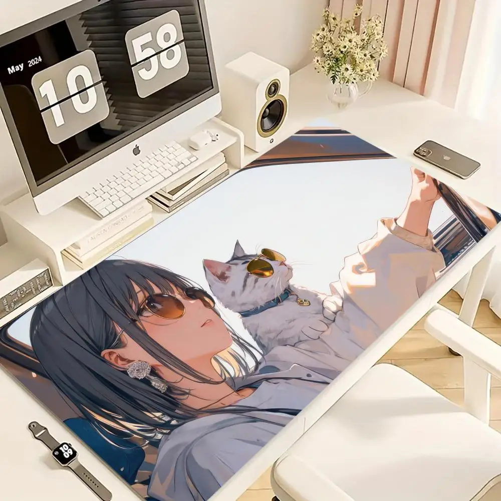 

Коврик для мыши Girl and Cat XL, компьютерные аксессуары, офисные игровые коврики XXL, резиновые противоскользящие коврики для игровой клавиатуры, коврики для мыши, настольные коврики