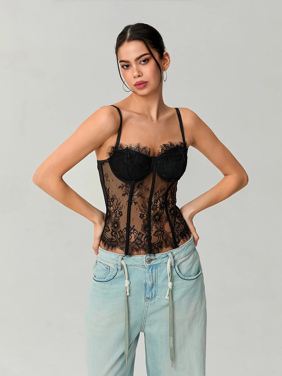 Women's Lace Corset Tops Sleeveless Camisole Bustier Mesh Floral