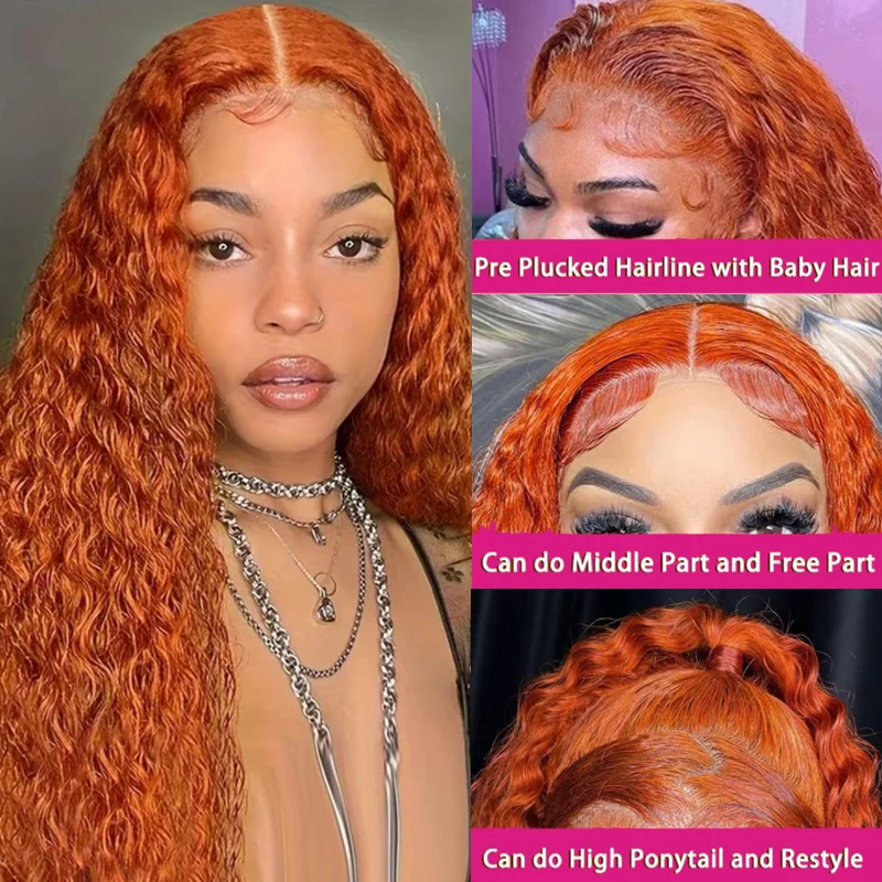 38 بوصة الزنجبيل الدانتيل الجبهة الباروكات شعر الإنسان موجة المياه العميقة الدانتيل شعر مستعار أمامي البرتقال الزنجبيل الباروكات شعر الإنسان 350 شعر مستعار ملون شعر مستعار مجعد