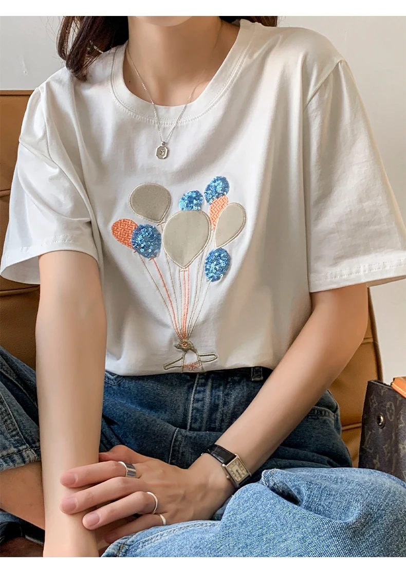 Youthful woman clothes  Summer Korean Popular Clothing Top Women's T-shirt Loose O-neck Short Sleeve Solid Color Casual Fashion