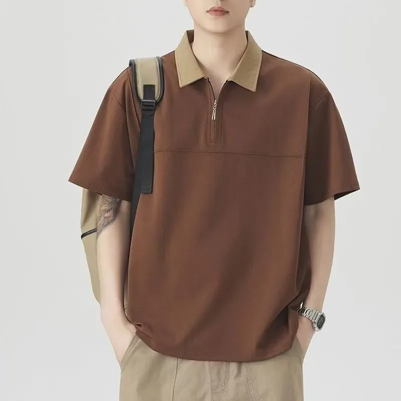 men's-half-zip-stand-collar-t-shirt-ice-silk-summer-new-fashion-loose-style-polo-short-sleeve-top