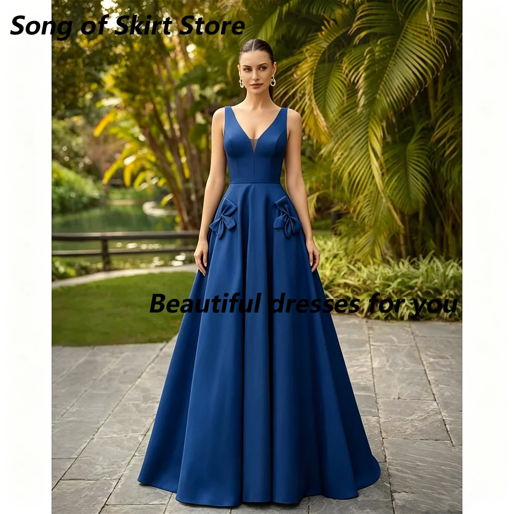 Elegant Blue Mother of Bride Dresses Customized V-Neck Sleeveless Pleat Bow Satin A Line Evening Gown for Wedding Guest Gown