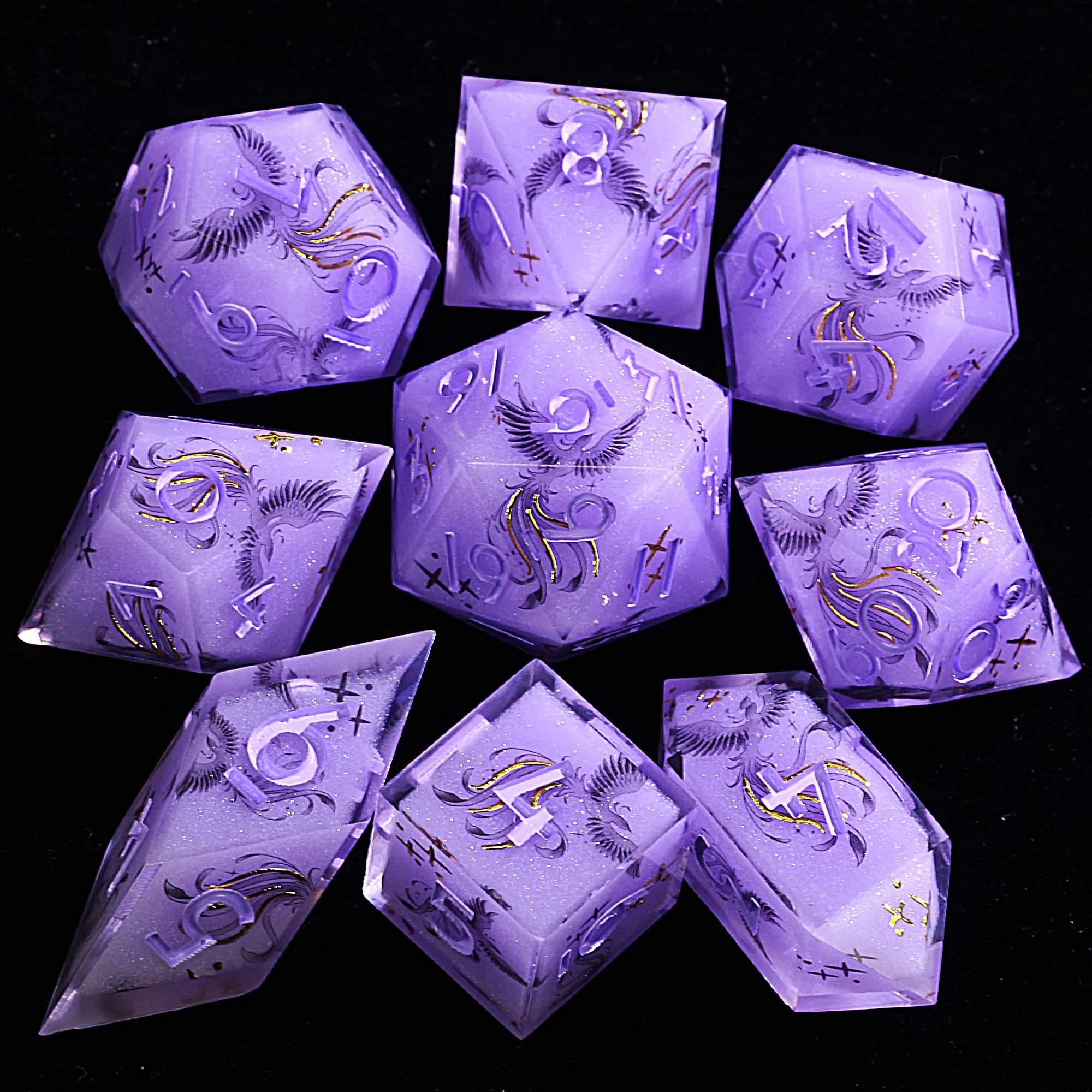 

9 Polyhedral Resin Dice DnD Set Violet Phoenix Oath
